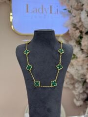 Çoklu Yonca Kolye Golda Yeşil