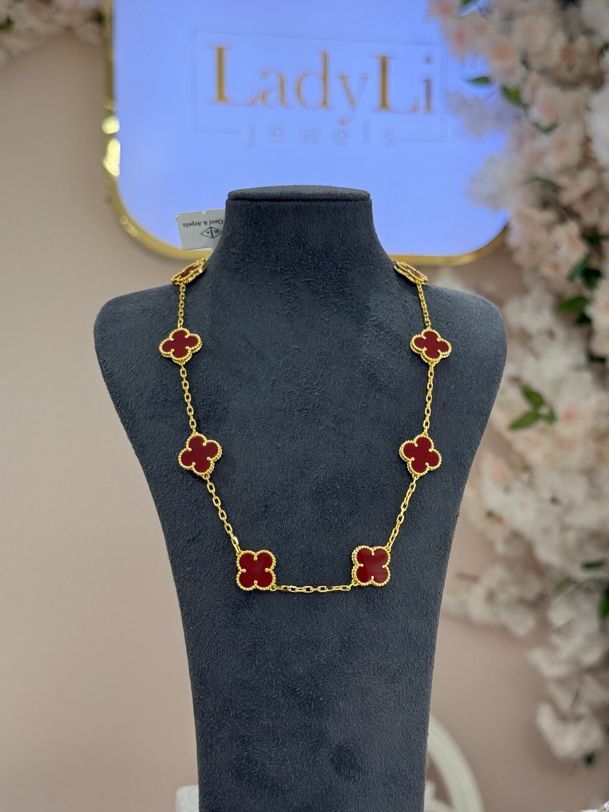 Çoklu Yonca Kolye Golda Bordo