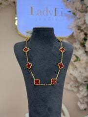 Çoklu Yonca Kolye Golda Bordo