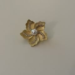 İncili ve Taşlı Gold Yaprak Broş