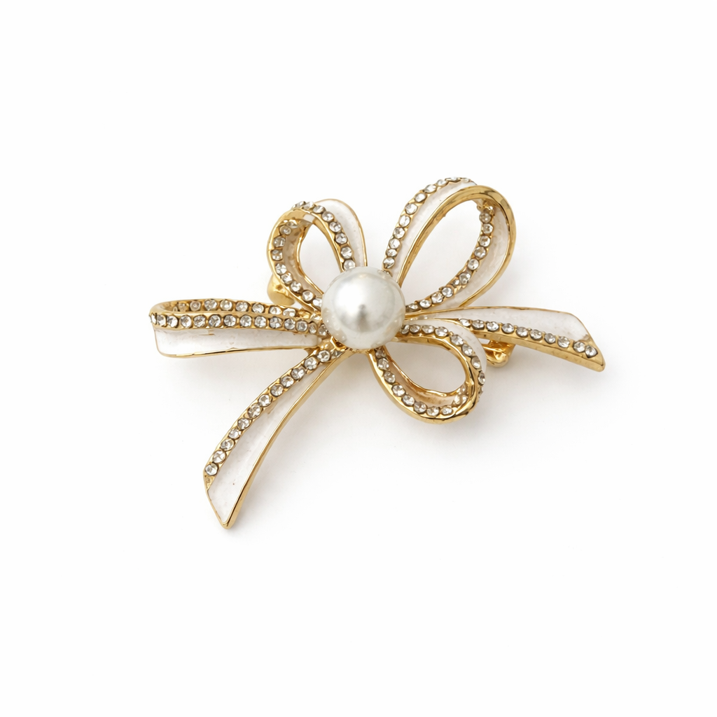 İncili beyaz Kurdele Broş