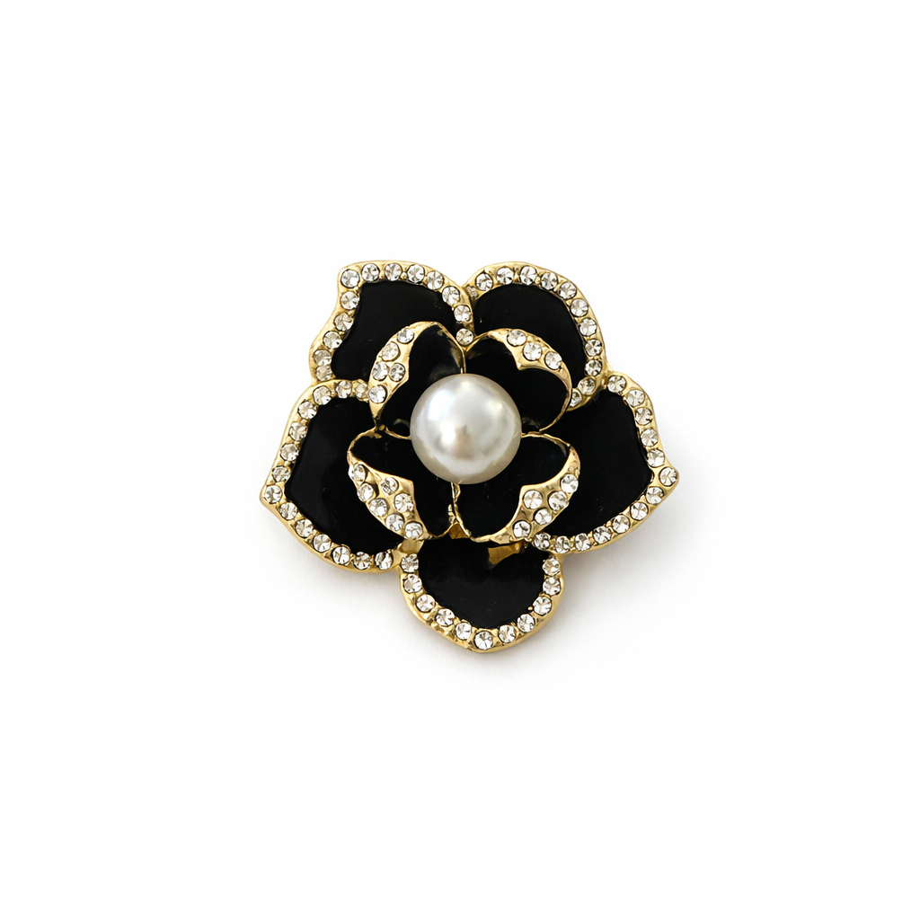 İncili Siyah Çiçek Broş
