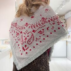 Gri Kırmızı Desenli Püsküllü Şal