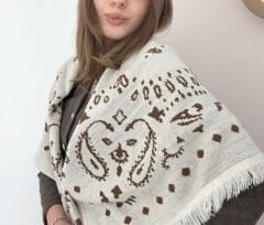 Krem Kahverengi Desenli Püsküllü Şal