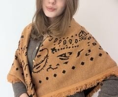 Kiremit Siyah Desenli Püsküllü Şal