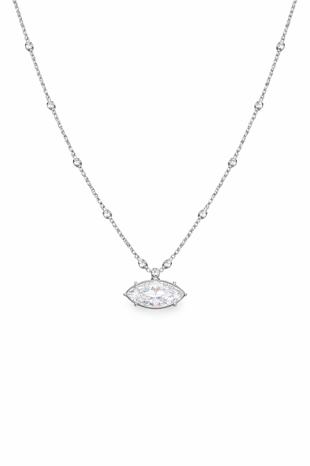 Markiz Kesim Topçuk Detaylı Taşlı Gümüş Rengi Kolye