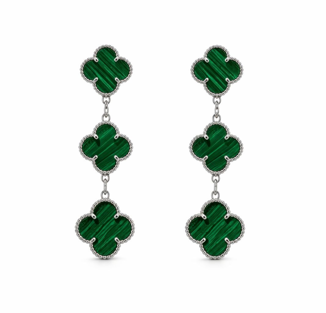 3 yoncalı yeşil sallantılı küpe