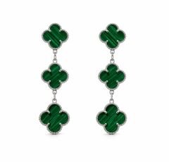 3 yoncalı yeşil sallantılı küpe