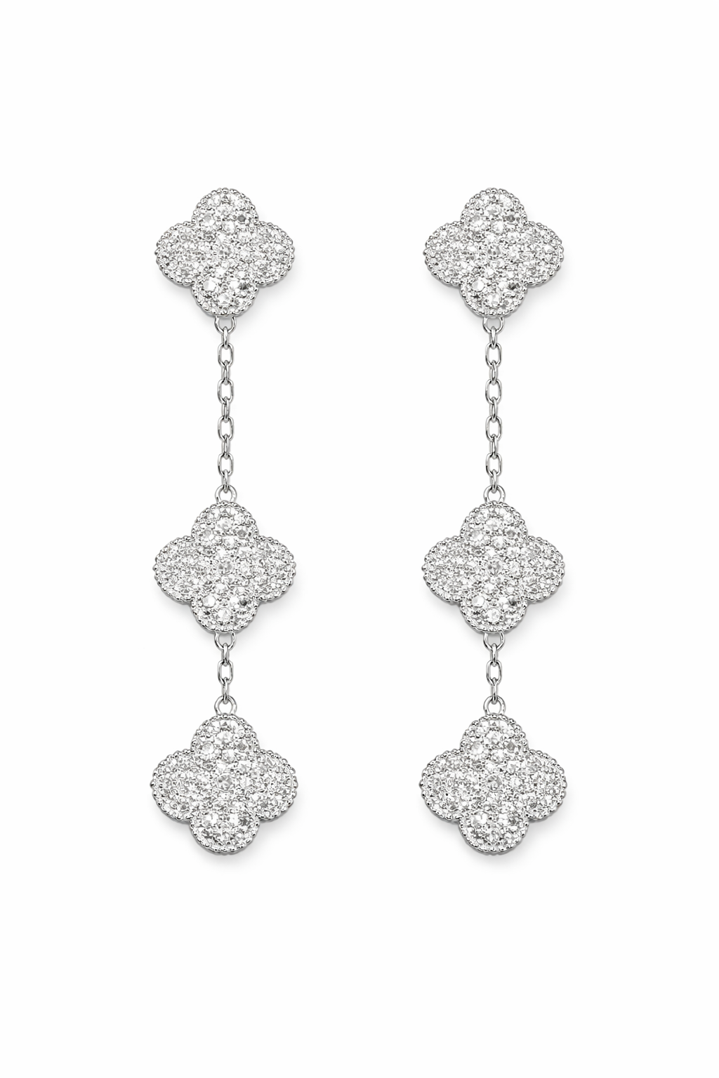 3 yoncalı gümüş rengi taşlı sallantılı küpe