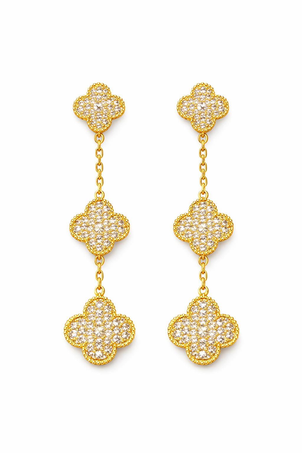 3 yoncalı golda gold sallantılı küpe